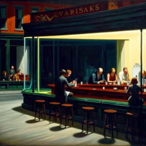 Copilot AI generated image to look like an Edward Hopper painting with people on their phones like in Nighthawk painting